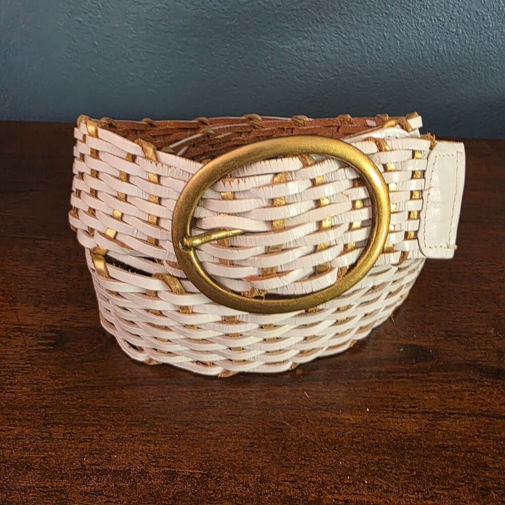Leather Belt Plus XXL 2X Wide White Gold Braided Shiny Chunky Brass Buckle